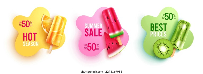 Summer sale vector set. Summer sale, best prices and hot season up to 50 % off promo discount text with tropical fruits and popsicle. Vector illustration summer sale abstract.
