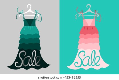 Summer Sale.  Vector set with green and pink dresses on gray and light green background. Beautiful design.