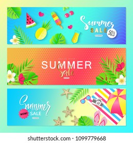 Summer sale. Vector set horizontal banners with summer elements. Backgrounds for posters, email and newsletter designs, ads, coupons, promotional material.