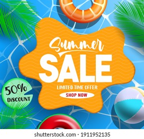 Summer Sale Vector Template Design. Swimming Pool Background WithSummer Sale Text And Floaters And Beachball Elements For Tropical Season Discount Promo Advertisement. Vector Illustration