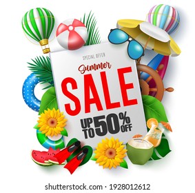 Diseño de plantilla vectorial de venta de verano. Venta veraniega de hasta un 50% de texto en espacios blancos con elementos de playa para la temporada de vacaciones oferta especial de descuento promocional. Ilustración del vector