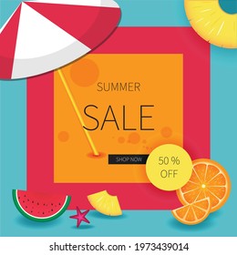Summer sale vector template design with tropical fruit