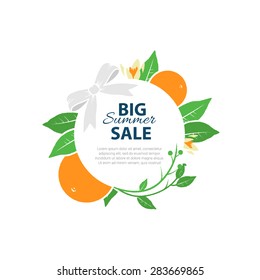 Summer sale vector template, oranges, leafs.