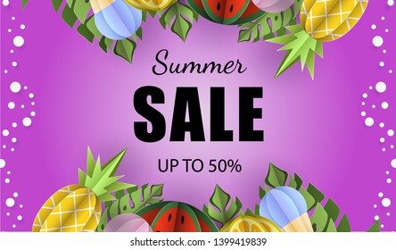 Summer sale vector template with tropical exotic leaves and fruits. Pineapple, watermelon and monstera leaves. paper cut out background card