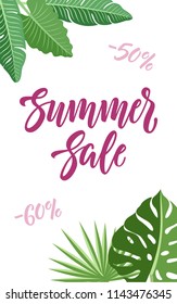 Summer sale vertical banner design with lettering and tropical leaves on white background.