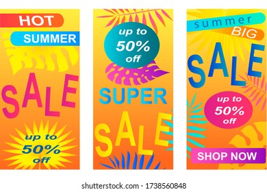 Summer sale vertical banner set. Poster with discount for hot season banner with tropical leaves. Invitation for shopping with 50 percent price off, special offer card,template for design