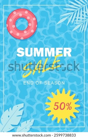 Summer sale vertical banner.  Summer vector background with tropical leaves and discount text for banners, cards, flyers, social media wallpapers. Top view of summer blue waves, swimming pool