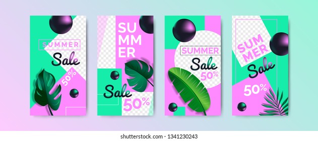 summer sale vertical banners  design set with tropical leaves geometric shapes for mobile app social media stories