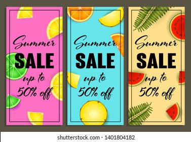 Summer sale vertical banners design. Lime, watermelon, pineapple on yellow, blue and pink background. Vector illustration can be used for posters, flyers, promo