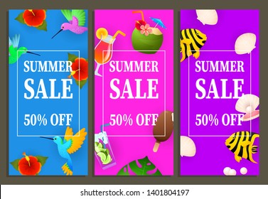 Summer sale vertical banners design. Fly birds, coconut cocktail, tropical fish on blue, pink and purple background. Vector illustration can be used for posters, flyers, signs