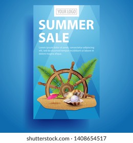 Summer sale, vertical, creative, stylish discount web banner with modern design, steering wheel of the ship in the sand, palm leaves and pearl