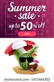 Summer sale, vertical discount web banner for your site with polygonal texture and watermelon in glasses under a beach umbrella