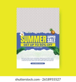 Summer sale vertical print flyer or poster template with tropical summer vector background, tropical summer leaflet, brochure cover design