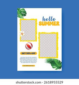 Summer sale vertical print flyer or poster template with tropical summer vector background, tropical summer leaflet, brochure cover design