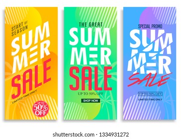 Summer Sale Vertical Pull Up Banner Set with Bright Vivid Gradient Background, Patterns, Stylish Texts and Logo Up to 50% Off Creative Vector Design Template. For Promotional Purposes
