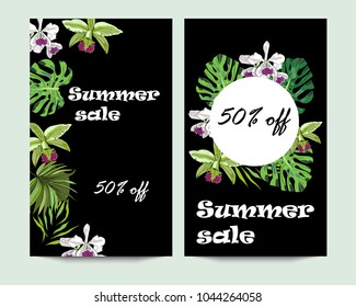 Summer sale vertical vector banners with tropical exotic flowers and leaves on black background.