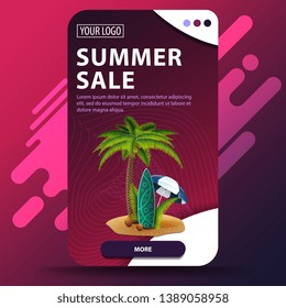 Summer sale, vertical web banner with modern design for your website with palm, coconuts, beach umbrella and surf Board