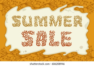 Summer sale vintage floral hand drawn letters. Vector sale poster for your design. Font with leaves and tree branches ornament. Orange background.