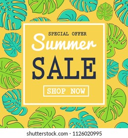 Summer Sale - vintage poster with tropical leaves. Vector.