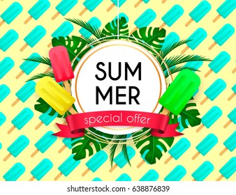 Summer sale vivid layout design with ice cream, lettering, ribbon, frame, background. Vector illustration. Hello summer season colorful fresh design for party, poster, menu, flyer, card, invitation.
