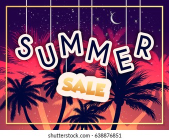 Summer sale vivid layout design with ice cream, lettering, ribbon, frame, background. Vector illustration. Hello summer season colorful fresh design for party, poster, menu, flyer, card, invitation.