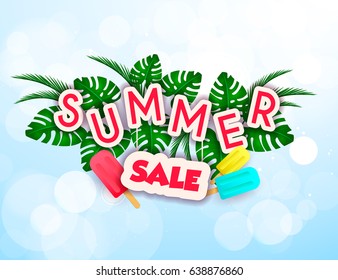 Summer sale vivid layout design with ice cream, lettering, ribbon, frame, background. Vector illustration. Hello summer season colorful fresh design for party, poster, menu, flyer, card, invitation.