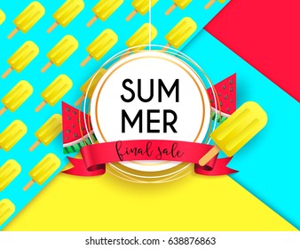 Summer sale vivid layout design with ice cream, lettering, ribbon, frame, background. Vector illustration. Hello summer season colorful fresh design for party, poster, menu, flyer, card, invitation.