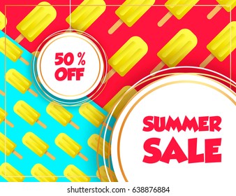 Summer sale vivid layout design with ice cream, lettering, ribbon, frame, background. Vector illustration. Hello summer season colorful fresh design for party, poster, menu, flyer, card, invitation.