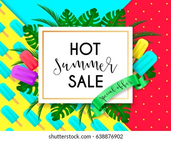 Summer sale vivid layout design with ice cream, lettering, ribbon, frame, background. Vector illustration. Hello summer season colorful fresh design for party, poster, menu, flyer, card, invitation.