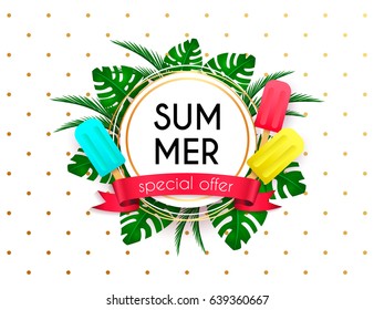 Summer sale vivid layout design with ice cream, lettering, ribbon, frame, background. Vector illustration. Hello summer season colorful fresh design for party, poster, menu, flyer, card, invitation.