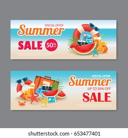 Summer sale voucher background template. Discount coupon. Banner season elements flat design.