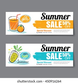 Summer sale voucher template.Discount coupon. Banner hand drawn flat design