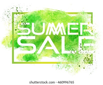 Summer sale watercolor background with leaves and lettering