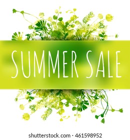 Summer sale watercolor background with leaves and lettering
