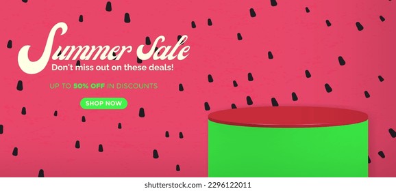 Summer Sale Watermelon Background with colorful product display cylindrical shape and shop now button. Fun and colorful summer advertising template. Vector Illustration. EPS 10.
