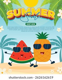 Summer Sale with Watermelon and Pineapple Cartoon Characters