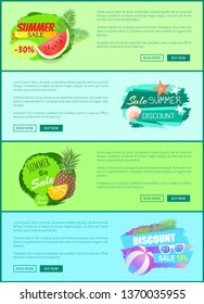 Summer sale watermelon and star, set of posters with text. Pineapple fruit slices and seashell on water. Discounts and seasonal proposition vector