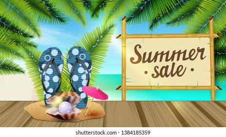 Summer sale, web banner with beautiful seascape, palm leaves, wooden pier, flip flops, pearl and palm leaves