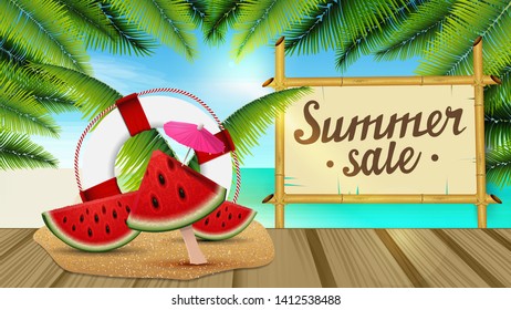 Summer sale, web banner with beautiful seascape, palm leaves, wooden pier, watermelon in glasses under a beach umbrella