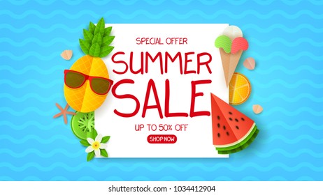 Summer sale web banner. Summer composition with flat paper cut elements on blue backdrop. Seasonal discount promo illustration.