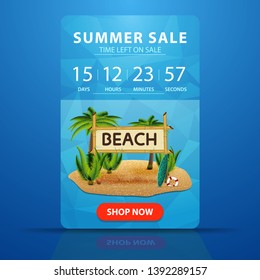 Summer sale, web banner with countdown to the end of the sale with coconut palms and bamboo sign with the inscription "beach"
