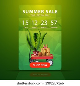 Summer sale, web banner with countdown to the end of the sale with garden cart with sand, sand castle and potted palm