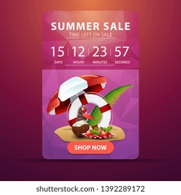 Summer sale, web banner with countdown to the end of the sale with coconut ice cream cocktail, beach umbrella, fruit, palm leaves and lifeline