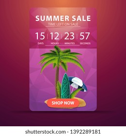 Summer sale, web banner with countdown to the end of the sale with palm, coconuts, beach umbrella and surf Board