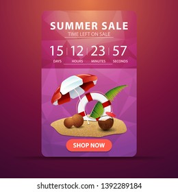 Summer sale, web banner with countdown to the end of the sale with coconut cocktail, beach umbrella and lifeline