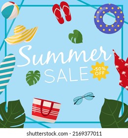 Summer sale web banner design. Summer sale discount text with beach elements like swimsuit, beach ball and flip flops for summer seasonal promotion for banners, wallpaper