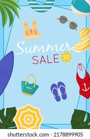 Summer sale web banner design. Summer sale discount text with beach elements like swimsuit, beach ball and flip flops for summer seasonal promotion for banners, wallpaper, flyers, invitation, posters