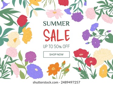 Summer sale. Web banner with different flowers, botanical frame. Special offer. Spring meadow bouquet, hand drawn chamomile, iris and poppy. Various blossoms. Vector cartoon flat isolated illustration