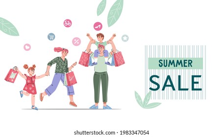 Venta veraniega de la interfaz de banner web o diseño de volante con la familia joven yendo de compras. Página de aterrizaje o banner web para ventas y descuentos estacionales de verano, ilustración plana de dibujos animados vectoriales.