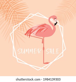 Summer sale web banner with pink flamingo and palm leaves